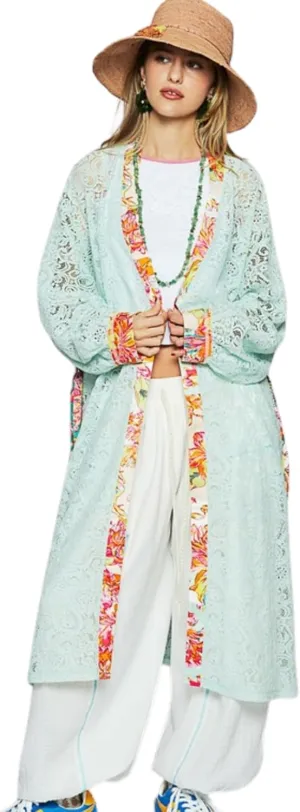 Floral Trim Lace Open Front Longline Cardigan