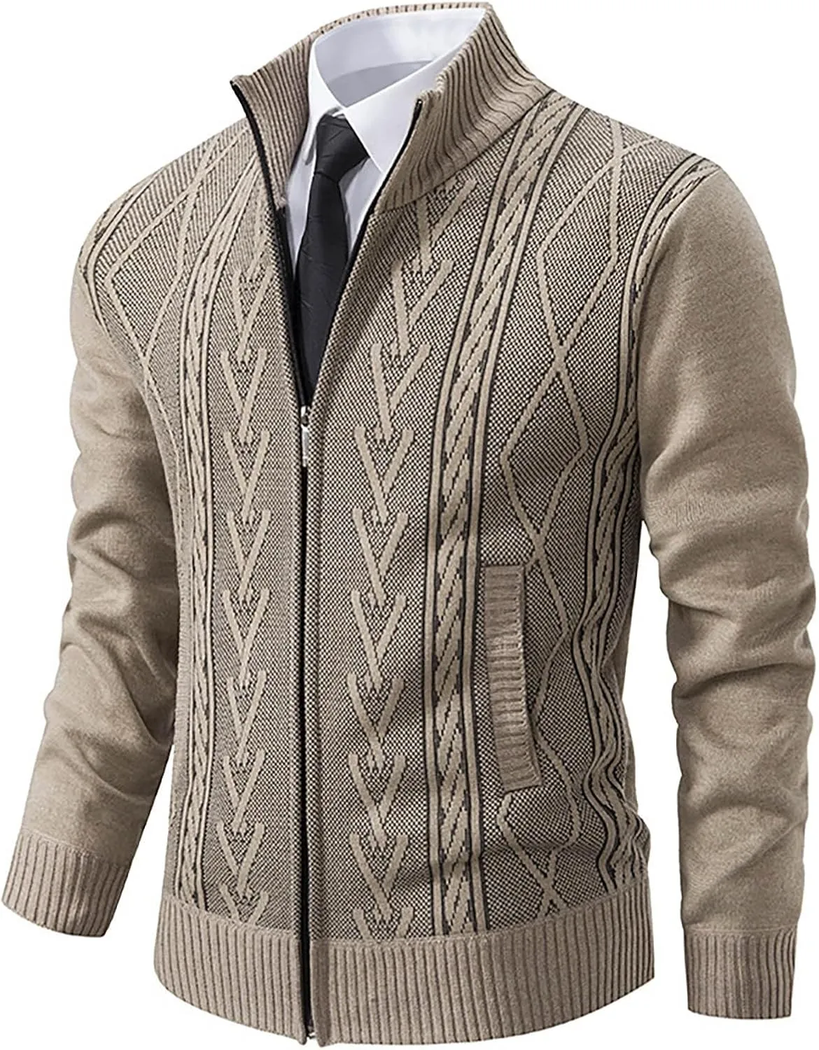 Fxbar Mens Cardigan Sweaters Slim Fit Full Zip Up Sweater Stand Collar Casual Knitted Cardigans Fall Winter Sweaters