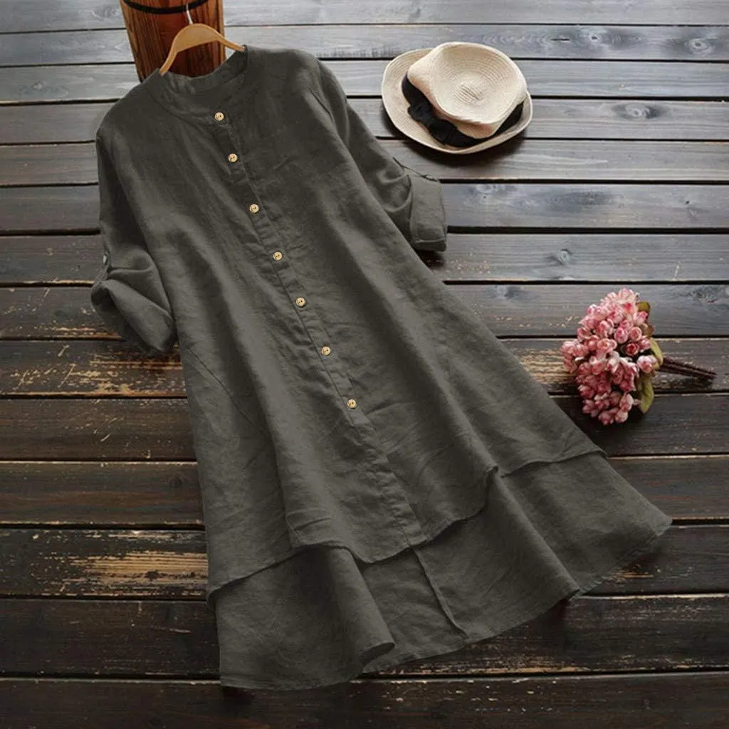 GIERIDUC Women's Linen Shirts Solid Plain Longline T-Shirt Oversized Button Down Long Tunic Tops Plus Size Blouse with Pocket