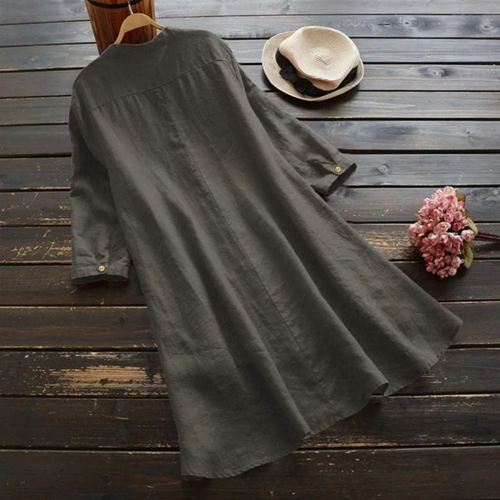 GIERIDUC Women's Linen Shirts Solid Plain Longline T-Shirt Oversized Button Down Long Tunic Tops Plus Size Blouse with Pocket