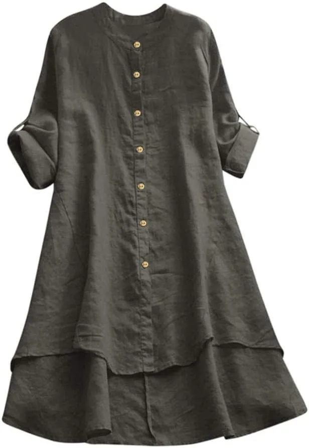 GIERIDUC Women's Linen Shirts Solid Plain Longline T-Shirt Oversized Button Down Long Tunic Tops Plus Size Blouse with Pocket