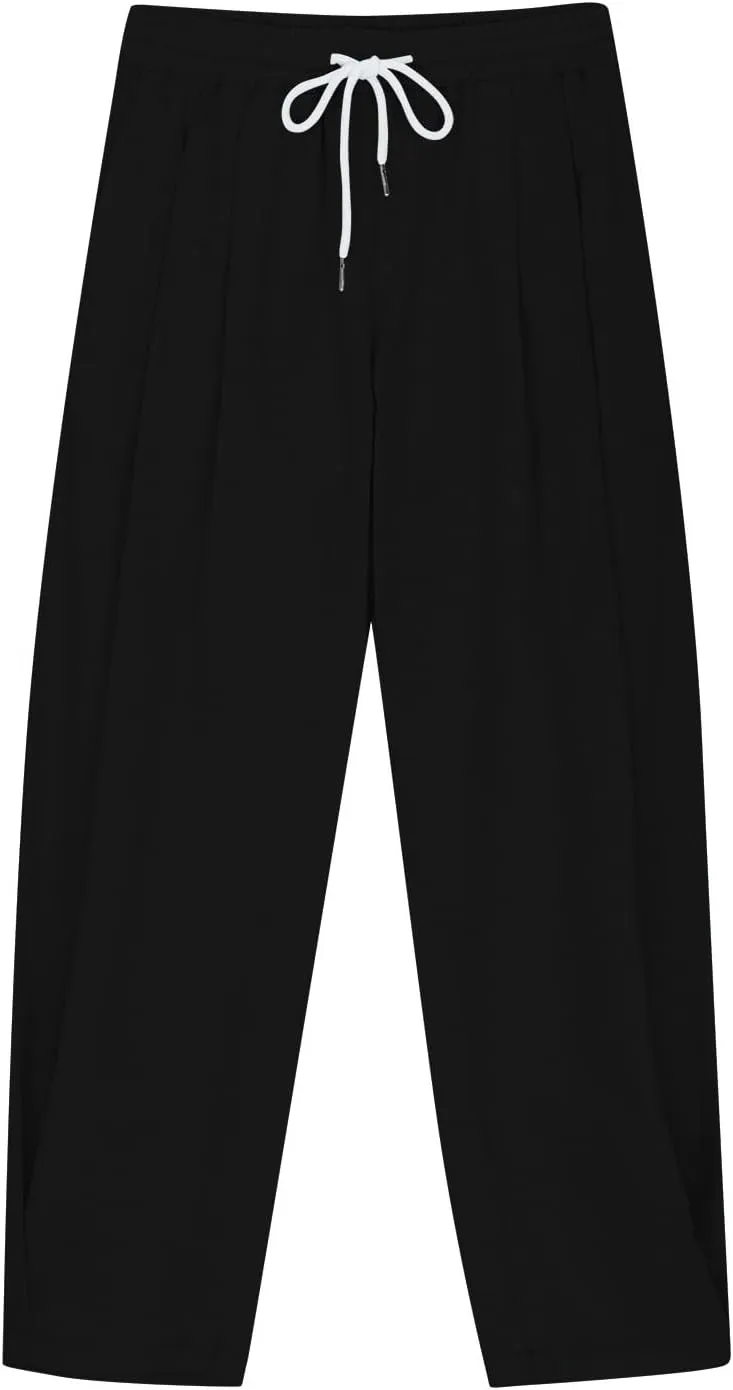 Girls Linen Harem Pants Summer Casual Loose Lightweight Solid Drawstring Vacation Palazzo Wide Leg Pants with Pockets