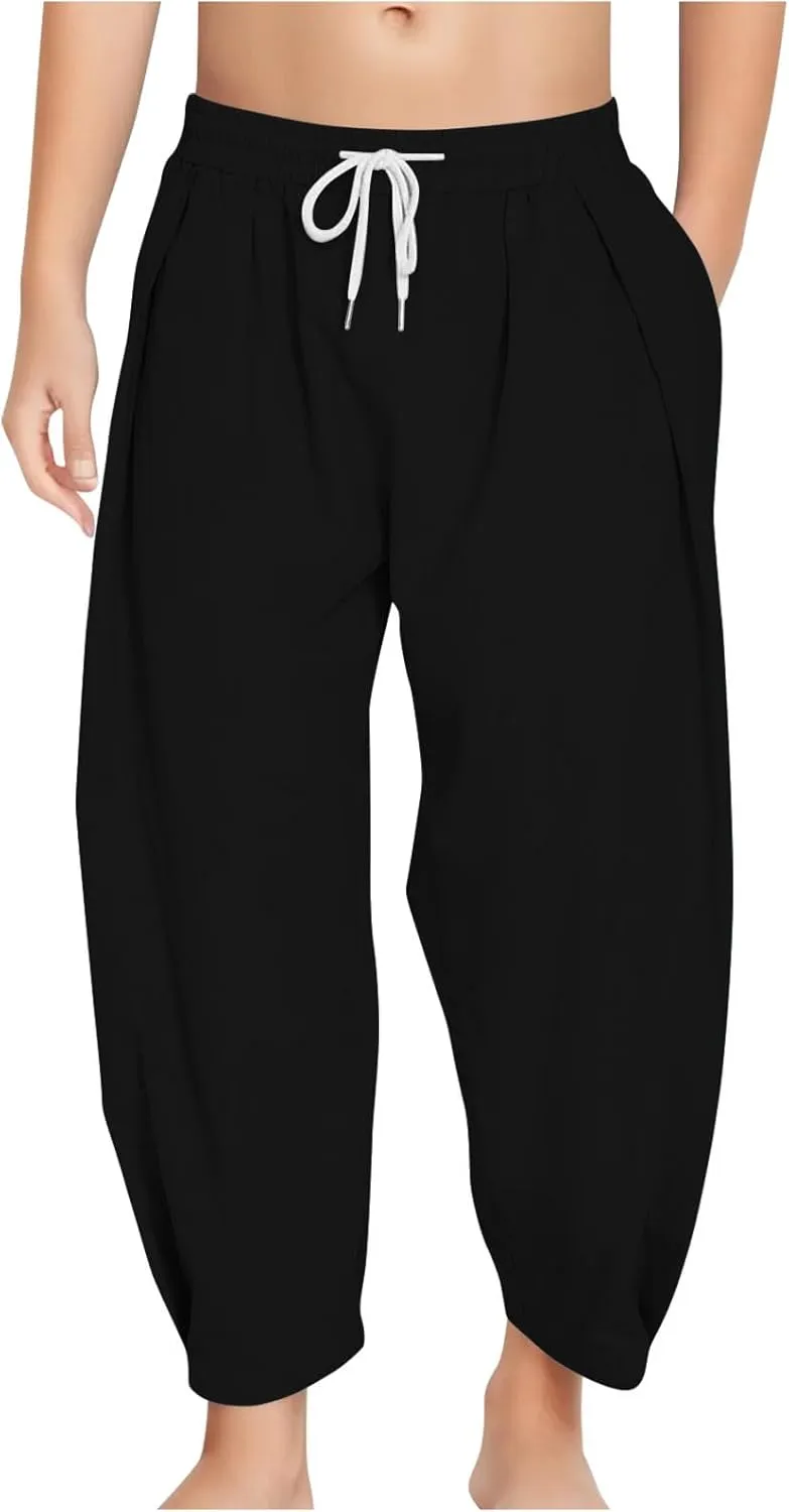 Girls Linen Harem Pants Summer Casual Loose Lightweight Solid Drawstring Vacation Palazzo Wide Leg Pants with Pockets