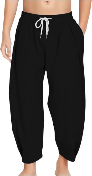 Girls Linen Harem Pants Summer Casual Loose Lightweight Solid Drawstring Vacation Palazzo Wide Leg Pants with Pockets