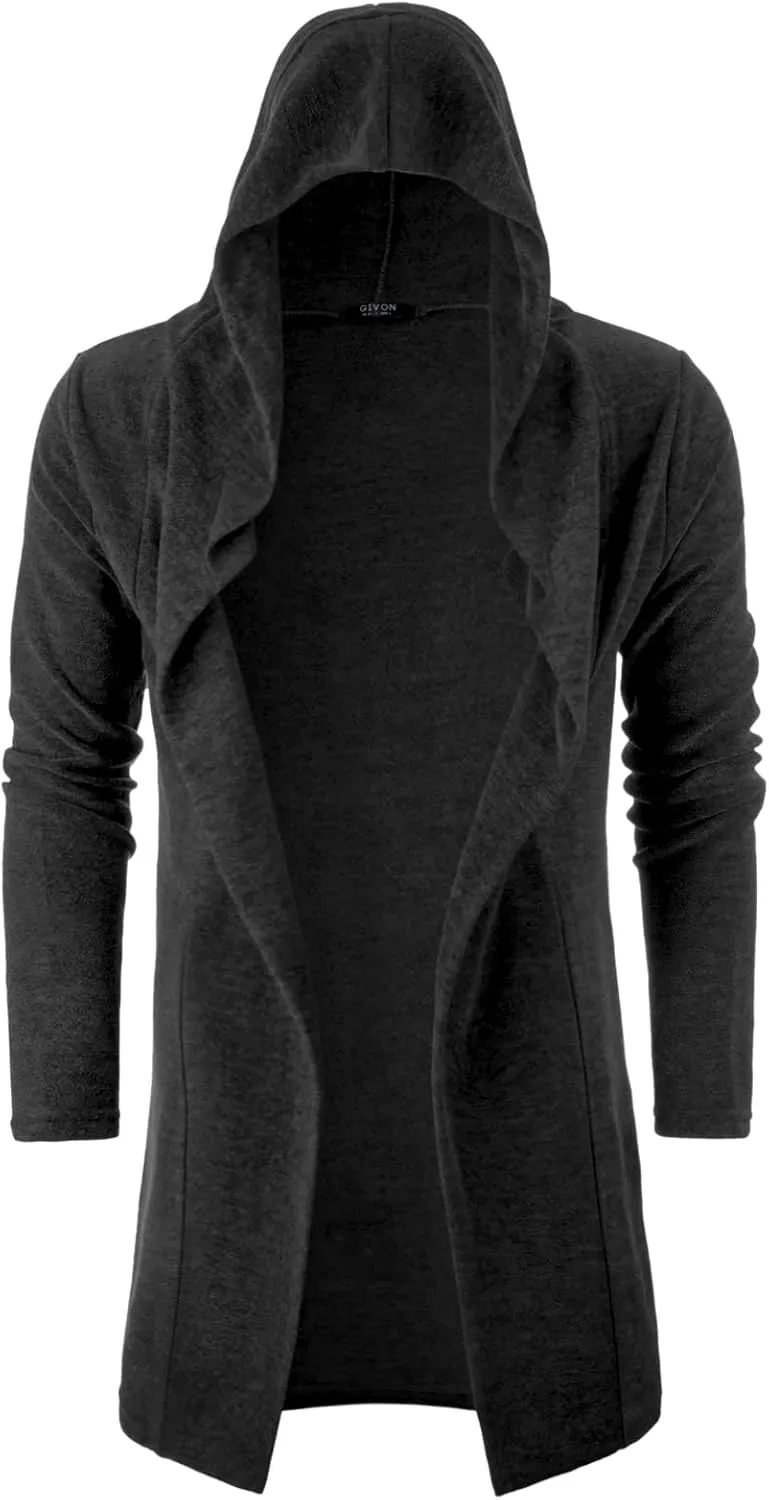 GIVON Longline Hooded Cardigan Ruffle Shawl Collar Open Front Drape Cape Overcoat with Fleece Fabric