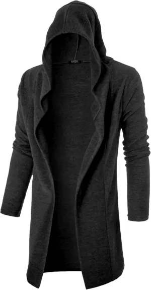 GIVON Longline Hooded Cardigan Ruffle Shawl Collar Open Front Drape Cape Overcoat with Fleece Fabric
