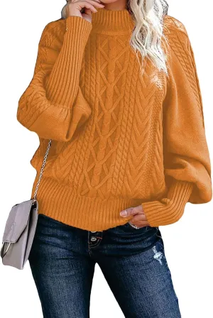 GORIFE Womens Cable Knit Sweater Chunky Turtleneck Pullover Solid Color Puff Sleeve Sweater Top