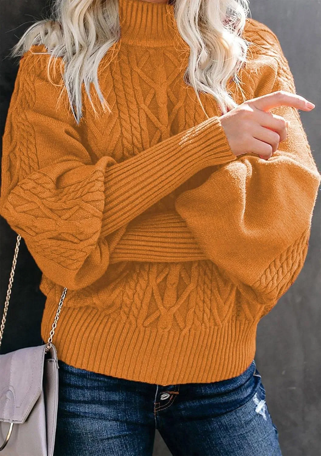 GORIFE Womens Cable Knit Sweater Chunky Turtleneck Pullover Solid Color Puff Sleeve Sweater Top