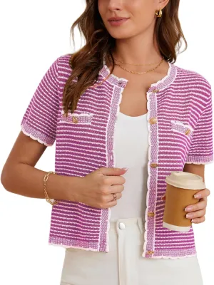 GRACE KARIN Women's 2025 Summer Striped Cardigan Sweaters Casual Short Sleeve Open Front Button Down Knit Sweater Tops