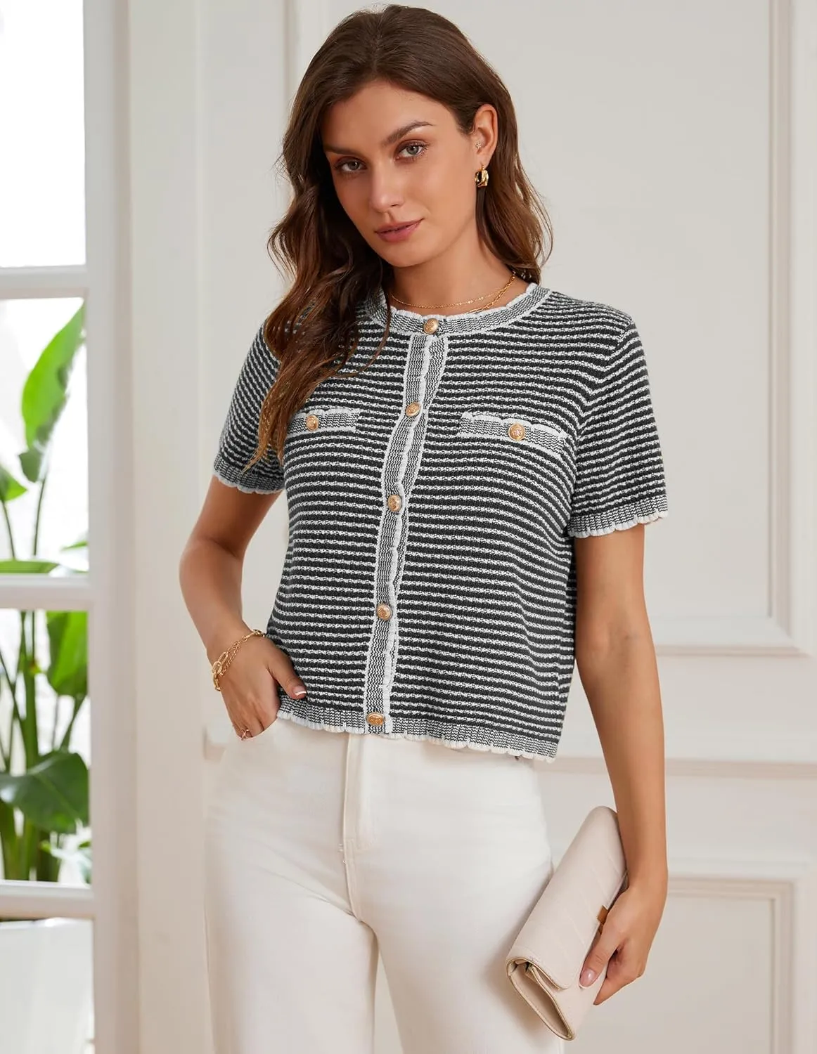 GRACE KARIN Women's 2025 Summer Striped Cardigan Sweaters Casual Short Sleeve Open Front Button Down Knit Sweater Tops
