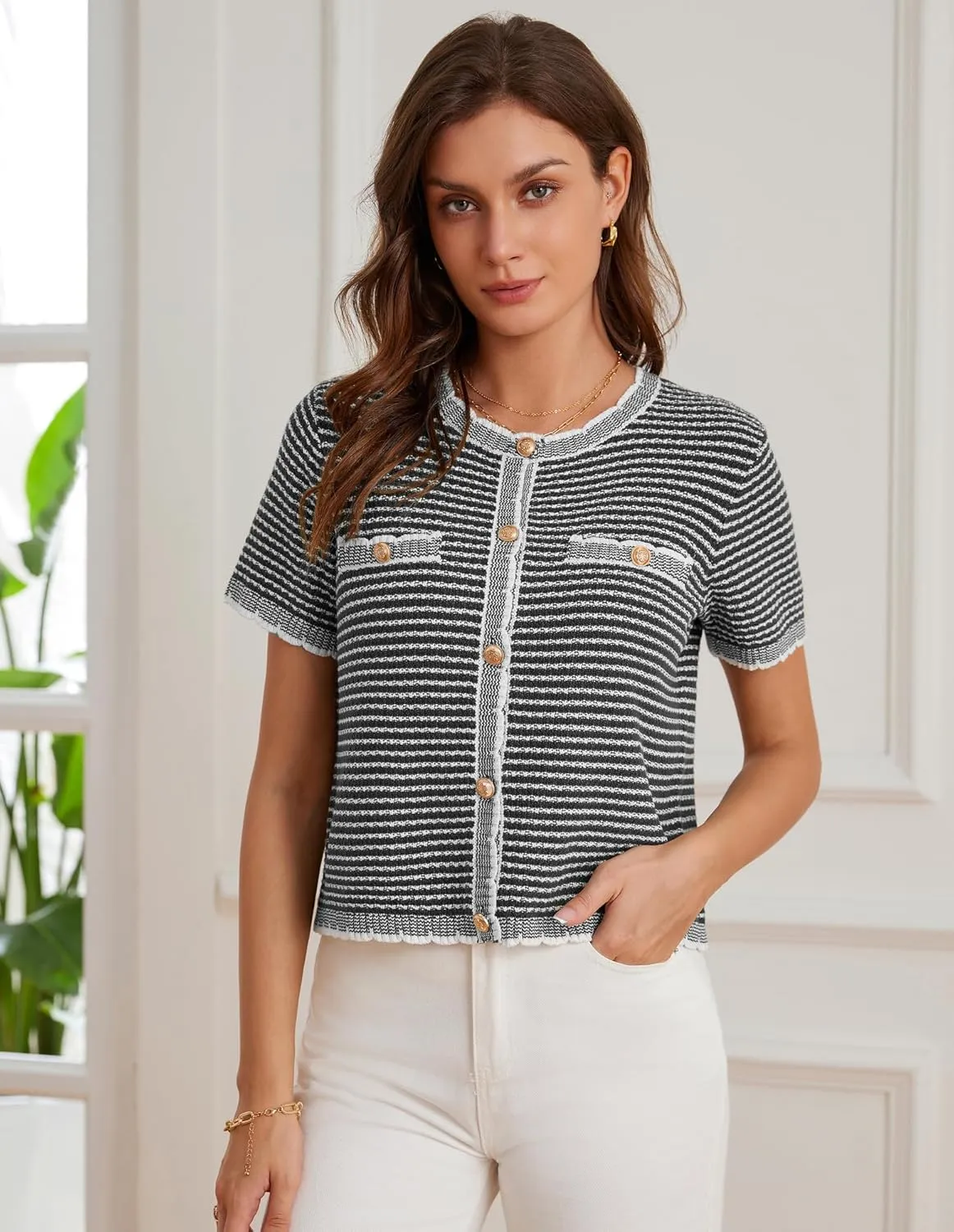 GRACE KARIN Women's 2025 Summer Striped Cardigan Sweaters Casual Short Sleeve Open Front Button Down Knit Sweater Tops