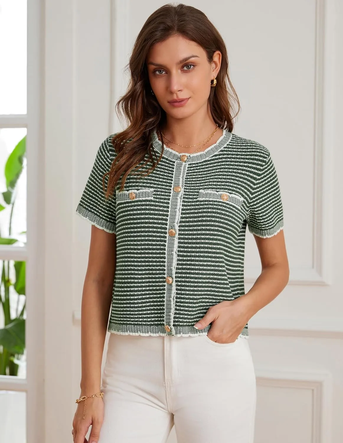 GRACE KARIN Women's 2025 Summer Striped Cardigan Sweaters Casual Short Sleeve Open Front Button Down Knit Sweater Tops