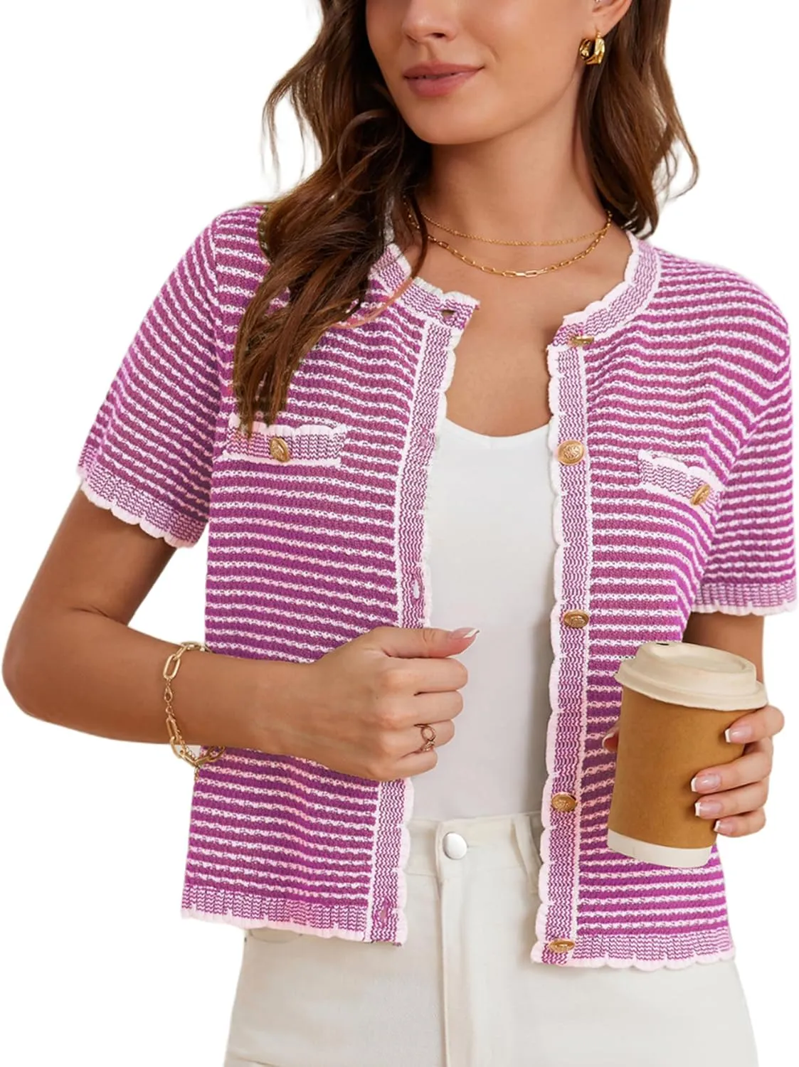 GRACE KARIN Women's 2025 Summer Striped Cardigan Sweaters Casual Short Sleeve Open Front Button Down Knit Sweater Tops