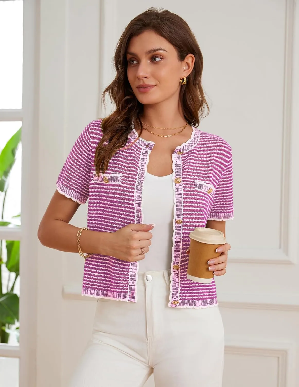 GRACE KARIN Women's 2025 Summer Striped Cardigan Sweaters Casual Short Sleeve Open Front Button Down Knit Sweater Tops