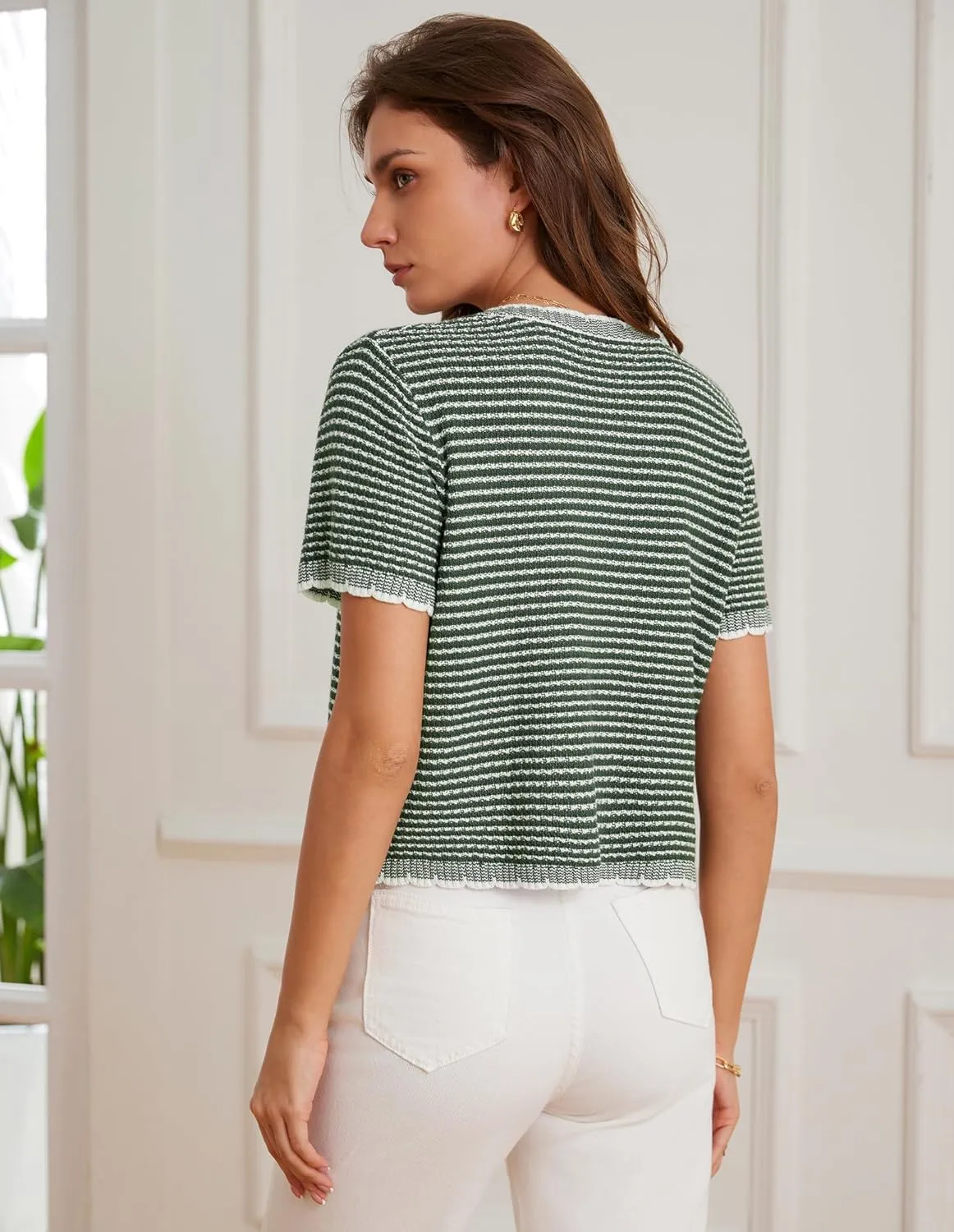GRACE KARIN Women's 2025 Summer Striped Cardigan Sweaters Casual Short Sleeve Open Front Button Down Knit Sweater Tops