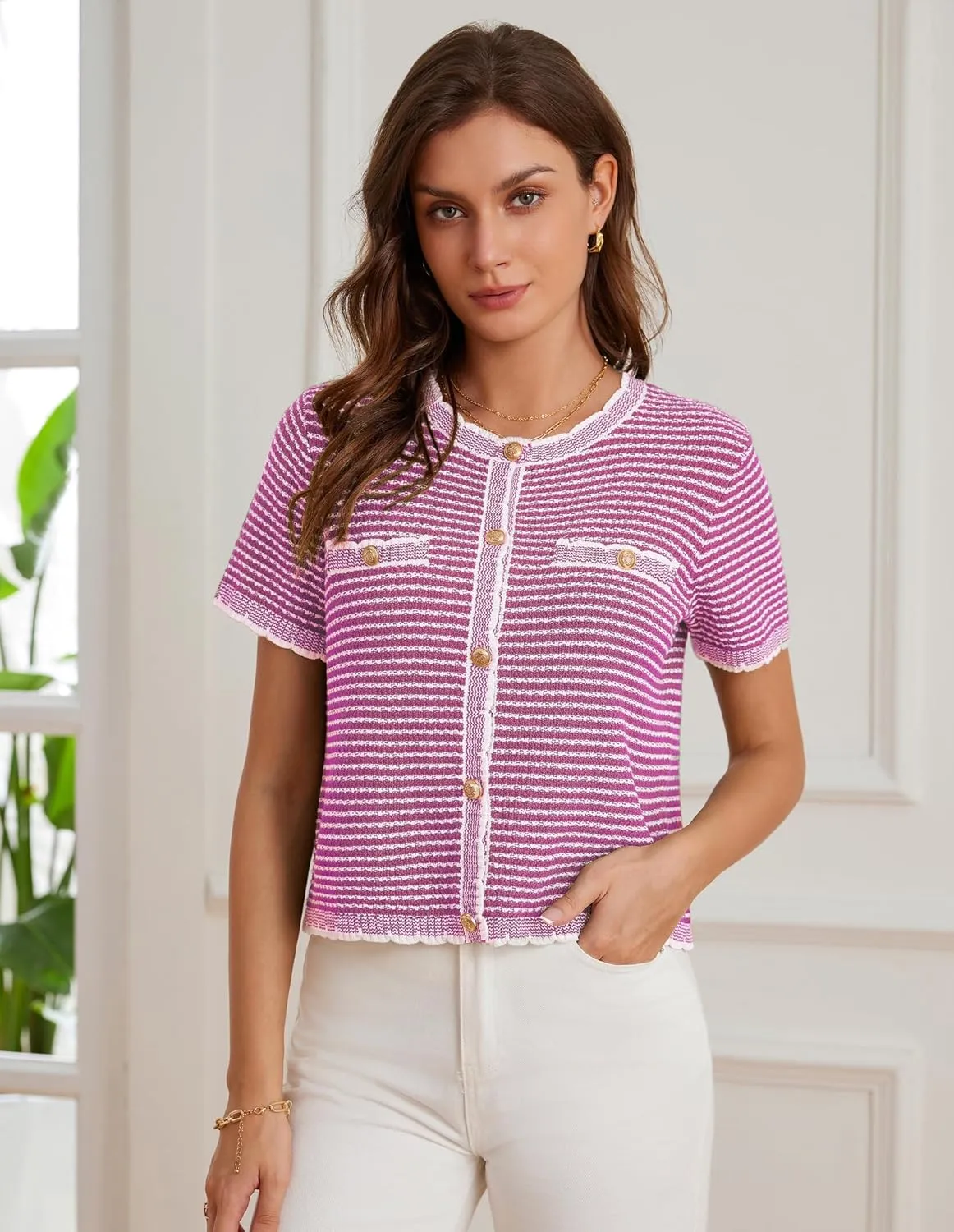 GRACE KARIN Women's 2025 Summer Striped Cardigan Sweaters Casual Short Sleeve Open Front Button Down Knit Sweater Tops