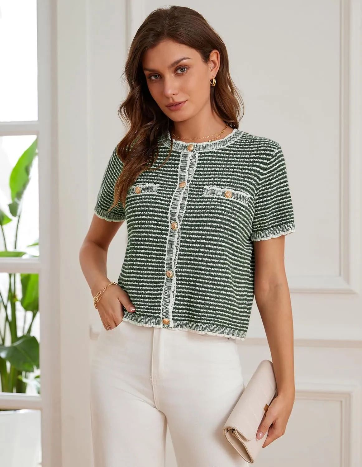 GRACE KARIN Women's 2025 Summer Striped Cardigan Sweaters Casual Short Sleeve Open Front Button Down Knit Sweater Tops