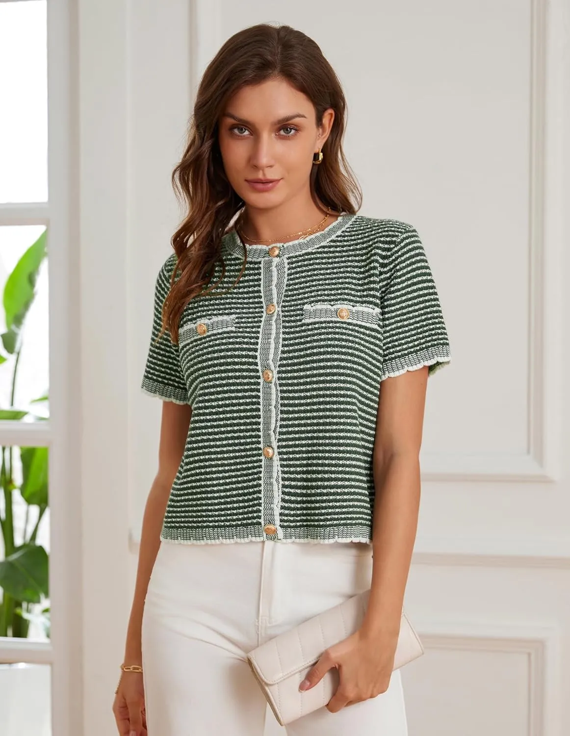 GRACE KARIN Women's 2025 Summer Striped Cardigan Sweaters Casual Short Sleeve Open Front Button Down Knit Sweater Tops
