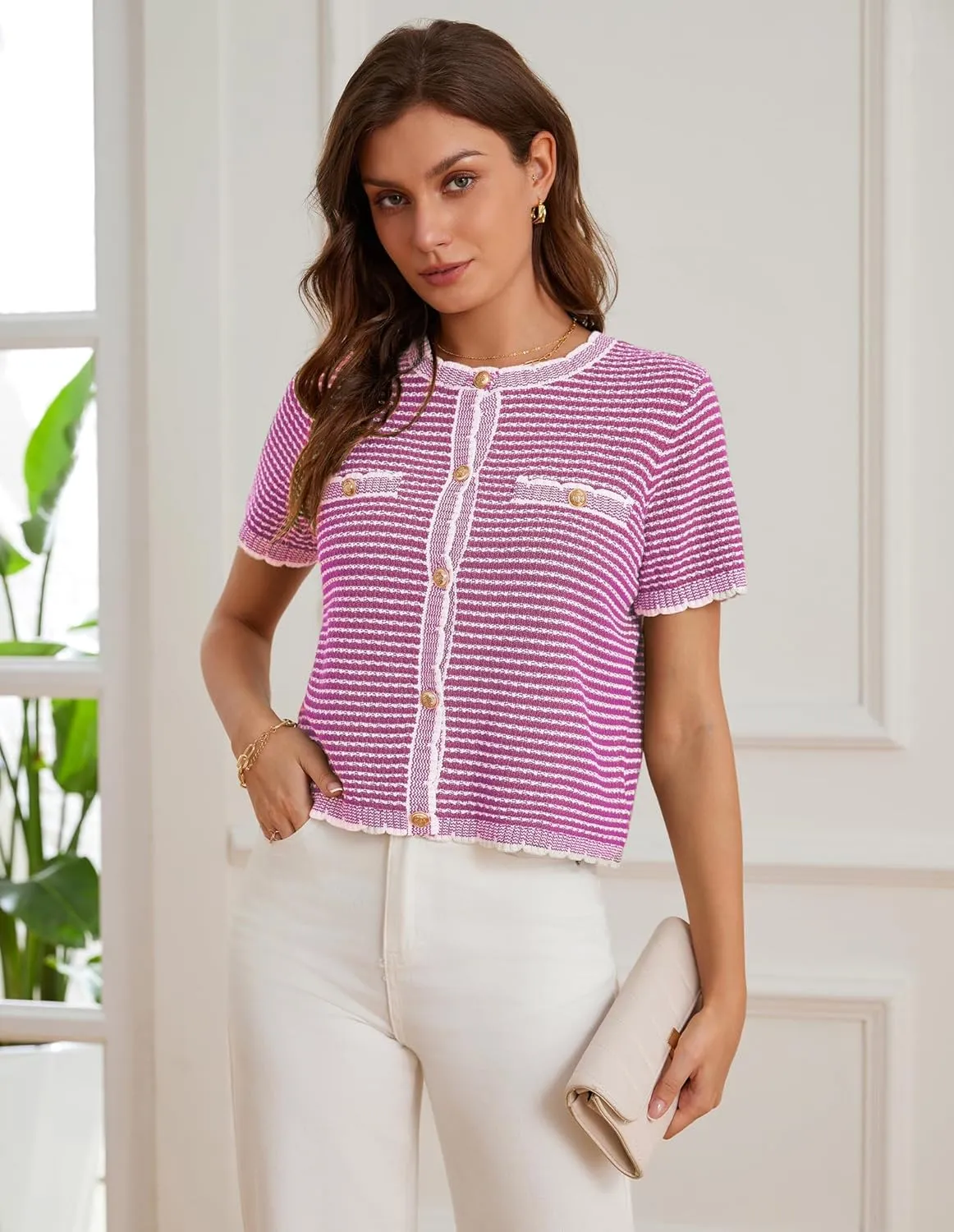GRACE KARIN Women's 2025 Summer Striped Cardigan Sweaters Casual Short Sleeve Open Front Button Down Knit Sweater Tops