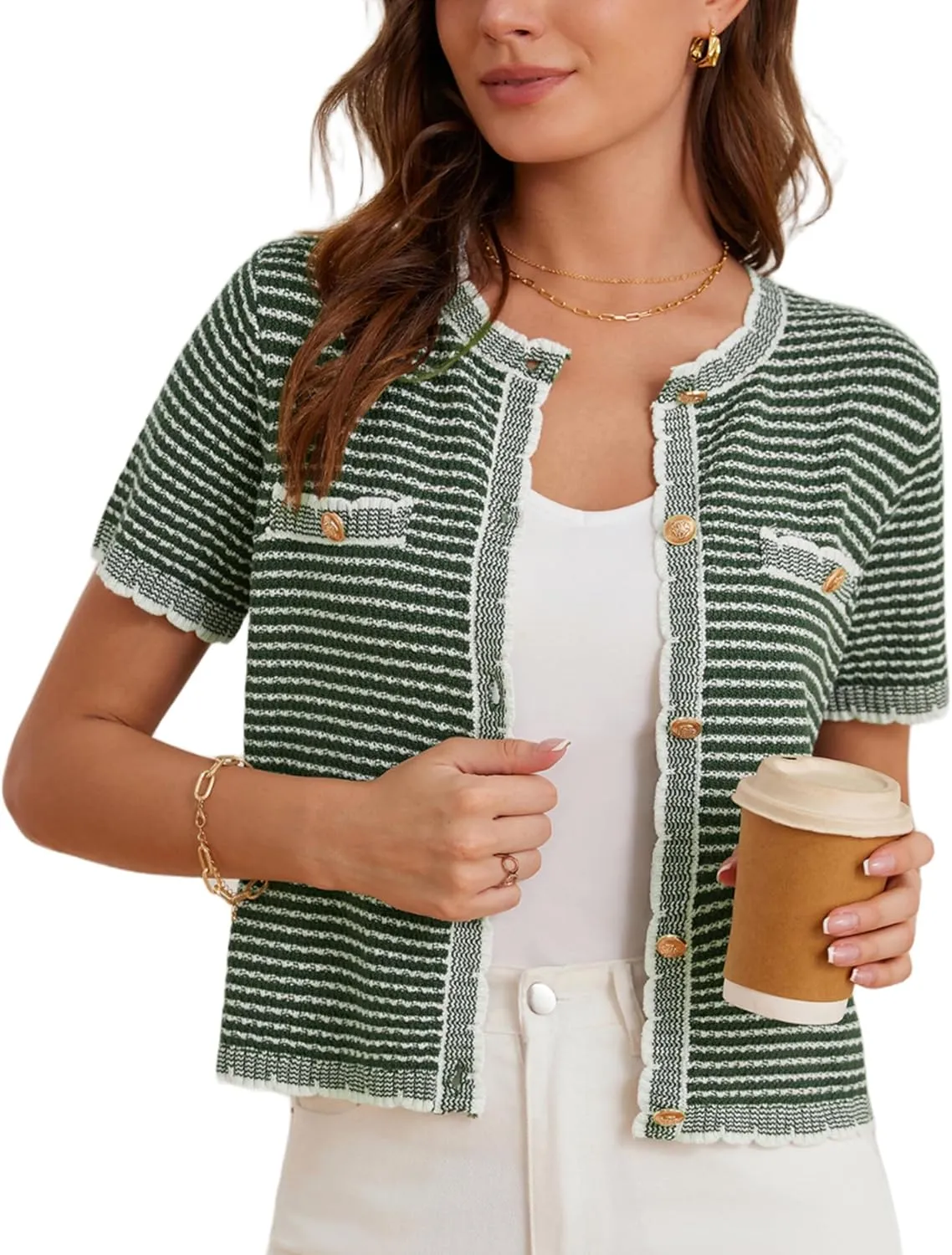 GRACE KARIN Women's 2025 Summer Striped Cardigan Sweaters Casual Short Sleeve Open Front Button Down Knit Sweater Tops