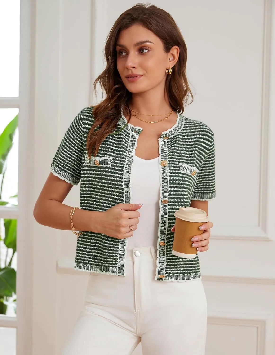 GRACE KARIN Women's 2025 Summer Striped Cardigan Sweaters Casual Short Sleeve Open Front Button Down Knit Sweater Tops