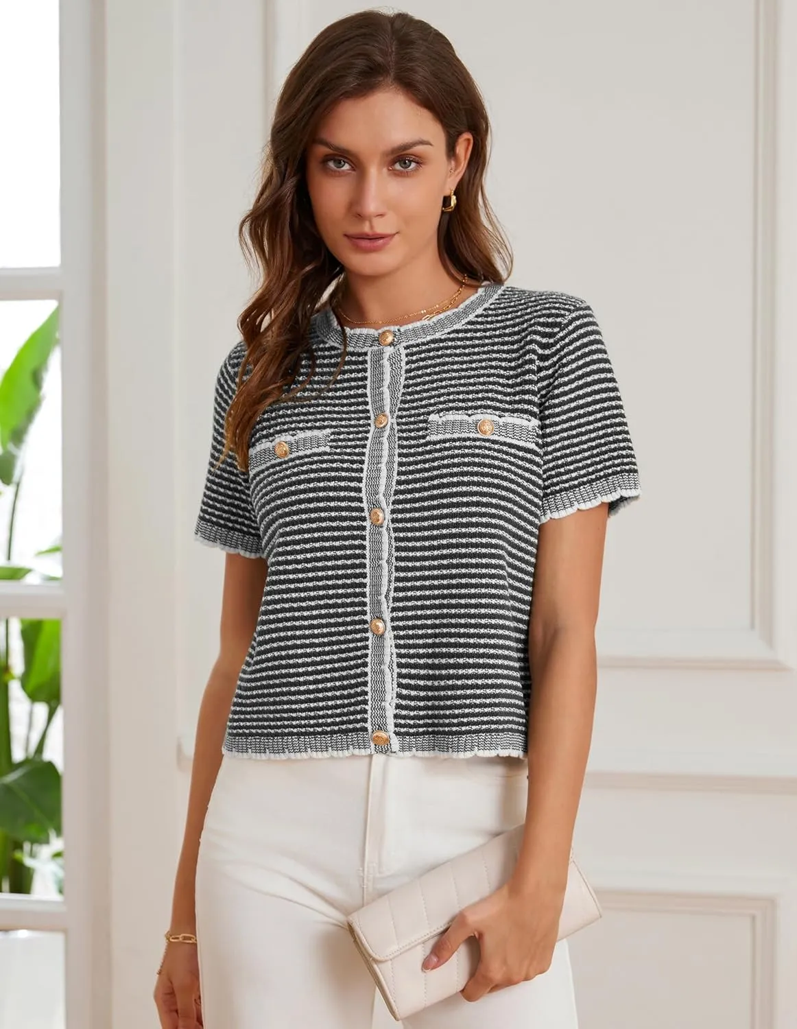 GRACE KARIN Women's 2025 Summer Striped Cardigan Sweaters Casual Short Sleeve Open Front Button Down Knit Sweater Tops