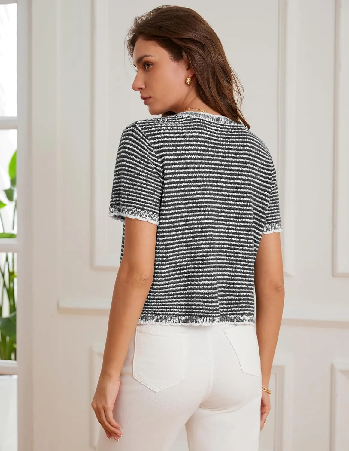 GRACE KARIN Women's 2025 Summer Striped Cardigan Sweaters Casual Short Sleeve Open Front Button Down Knit Sweater Tops