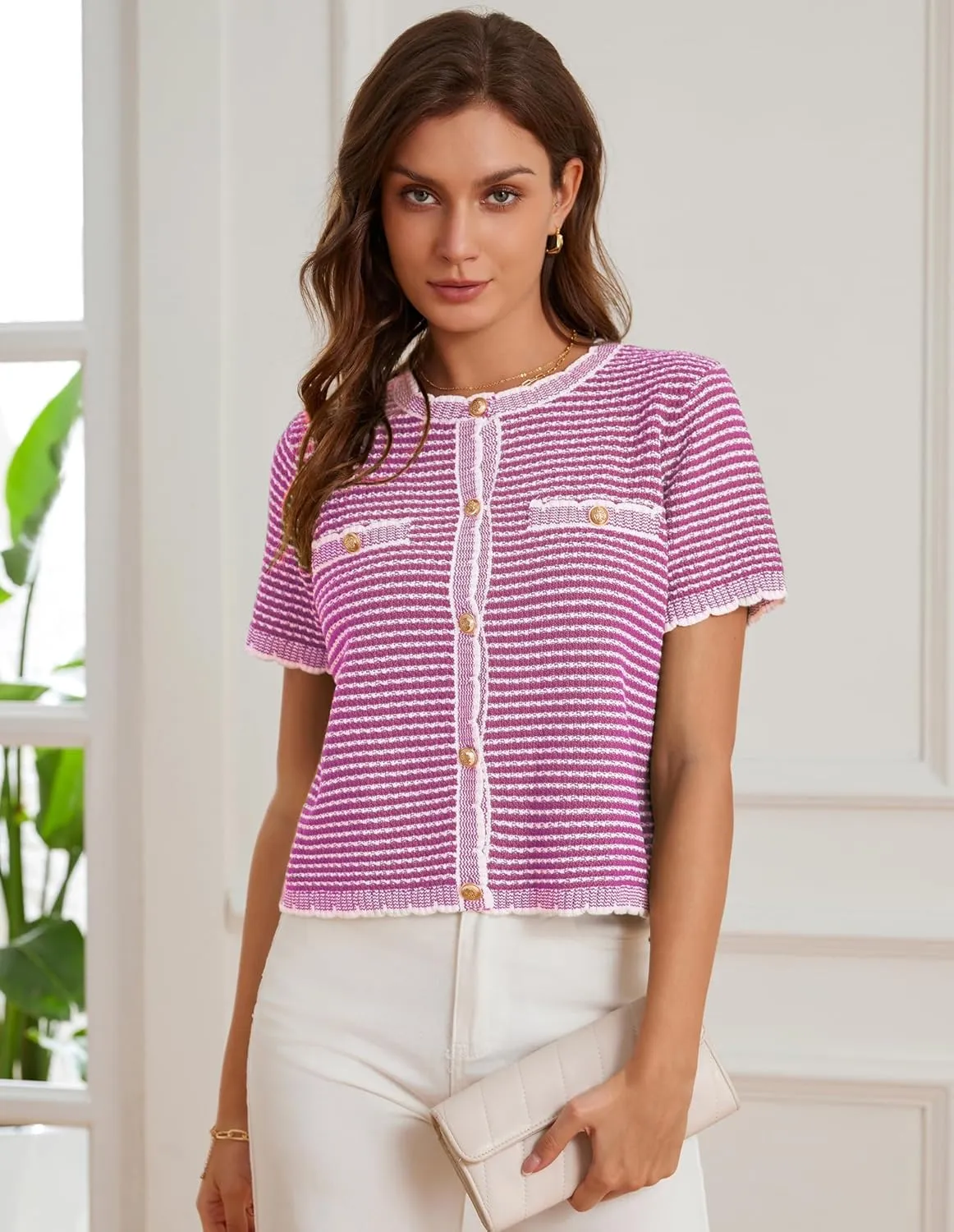 GRACE KARIN Women's 2025 Summer Striped Cardigan Sweaters Casual Short Sleeve Open Front Button Down Knit Sweater Tops