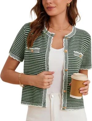 GRACE KARIN Women's 2025 Summer Striped Cardigan Sweaters Casual Short Sleeve Open Front Button Down Knit Sweater Tops