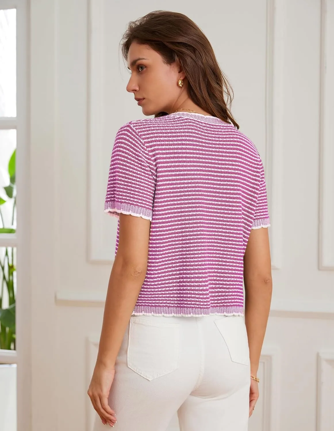 GRACE KARIN Women's 2025 Summer Striped Cardigan Sweaters Casual Short Sleeve Open Front Button Down Knit Sweater Tops