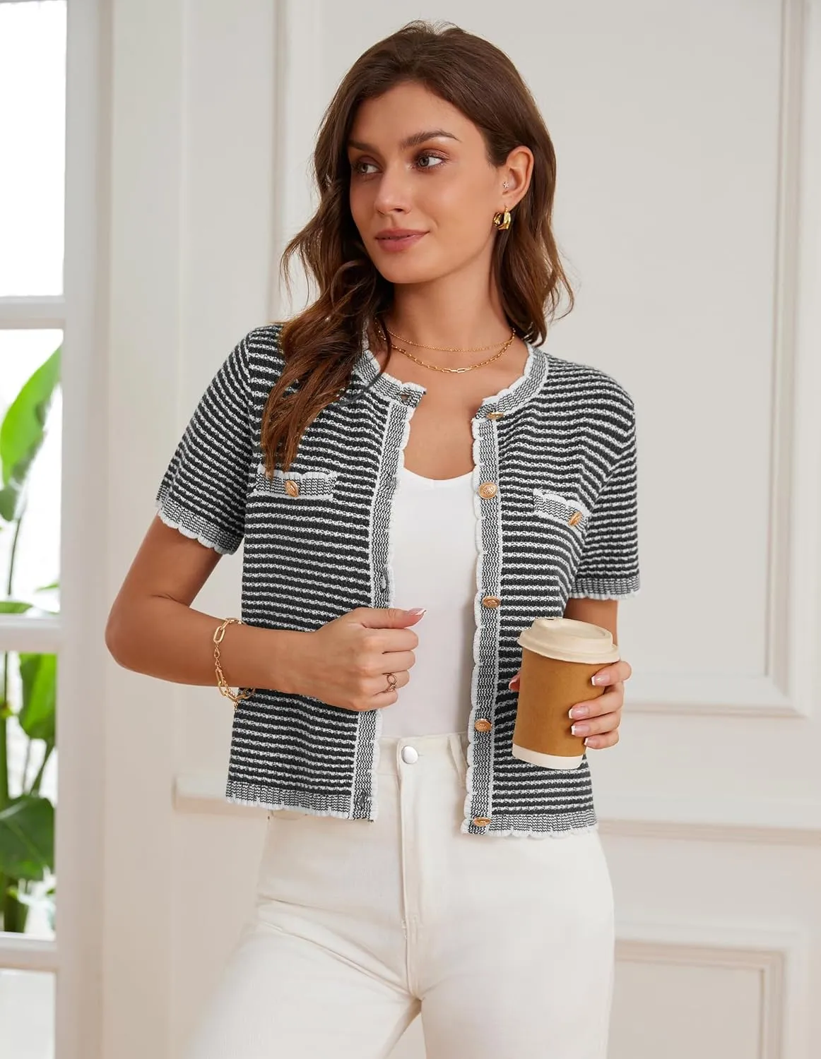 GRACE KARIN Women's 2025 Summer Striped Cardigan Sweaters Casual Short Sleeve Open Front Button Down Knit Sweater Tops