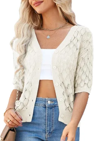 GRACE KARIN Women's Summer Short Sleeve Cropped Cardigan Sweaters Crochet Knit Shrug Open Front V-Neck Button up Tops