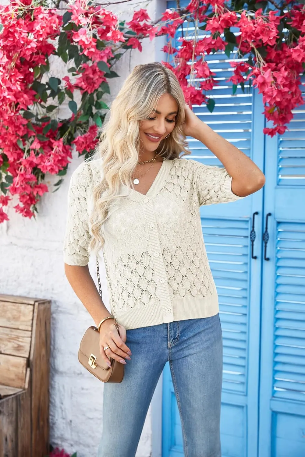 GRACE KARIN Women's Summer Short Sleeve Cropped Cardigan Sweaters Crochet Knit Shrug Open Front V-Neck Button up Tops
