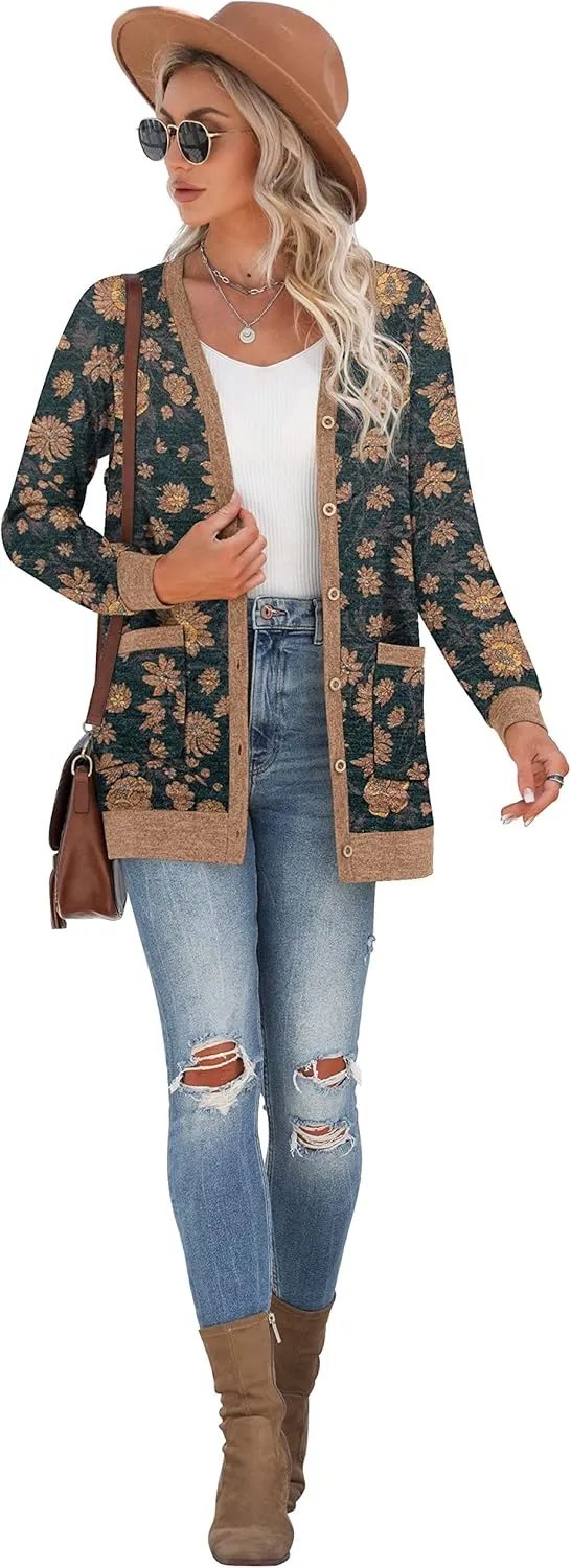 GRECERELLE Women's Long Sleeve Open Front Cardigan Button Down Ribbed Lightweight Knit Outerwear with Pocket
