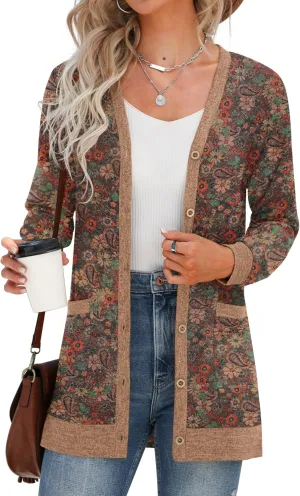 GRECERELLE Women's Long Sleeve Open Front Cardigan Button Down Ribbed Lightweight Knit Outerwear with Pocket
