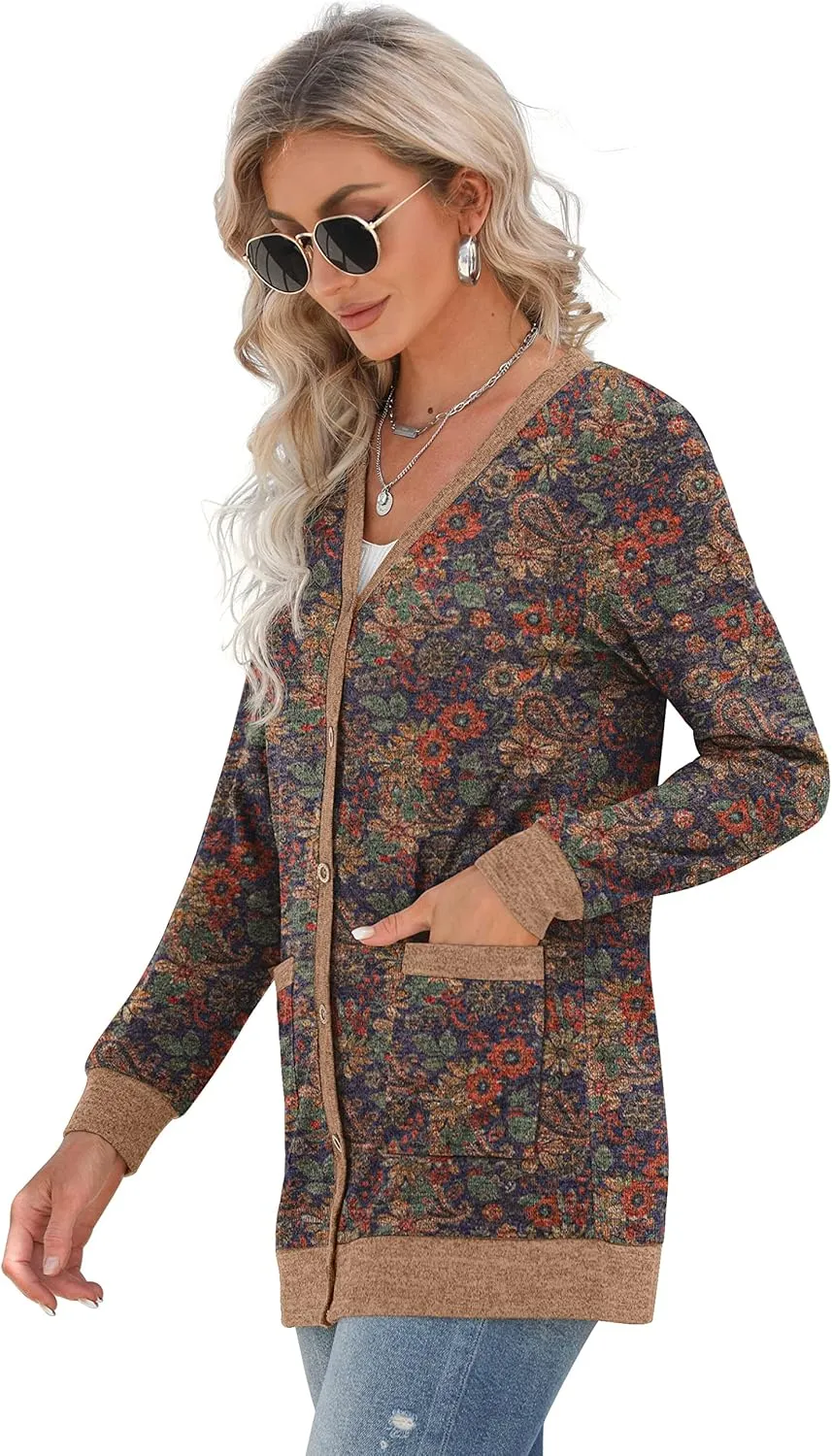 GRECERELLE Women's Long Sleeve Open Front Cardigan Button Down Ribbed Lightweight Knit Outerwear with Pocket
