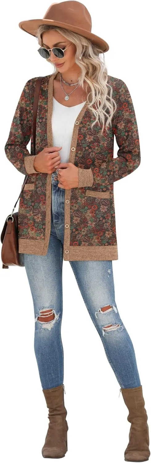 GRECERELLE Women's Long Sleeve Open Front Cardigan Button Down Ribbed Lightweight Knit Outerwear with Pocket