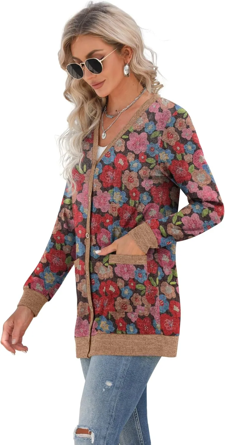 GRECERELLE Women's Long Sleeve Open Front Cardigan Button Down Ribbed Lightweight Knit Outerwear with Pocket