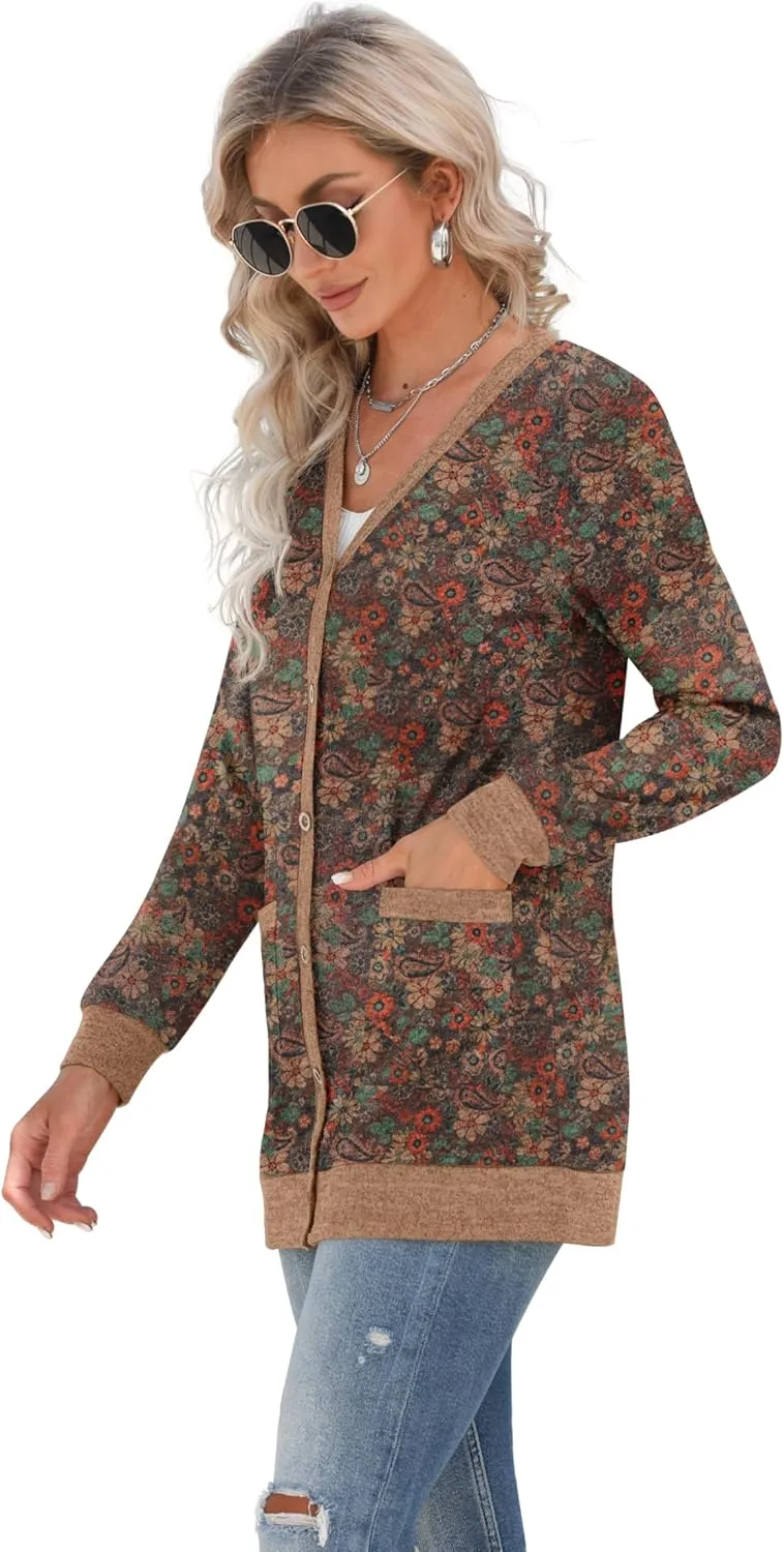 GRECERELLE Women's Long Sleeve Open Front Cardigan Button Down Ribbed Lightweight Knit Outerwear with Pocket