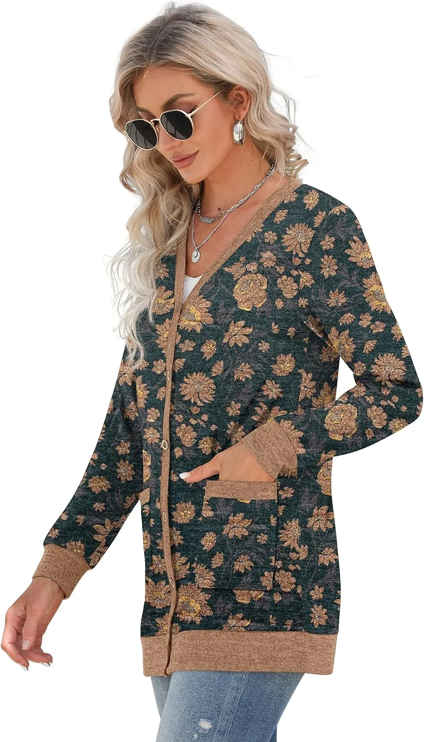 GRECERELLE Women's Long Sleeve Open Front Cardigan Button Down Ribbed Lightweight Knit Outerwear with Pocket
