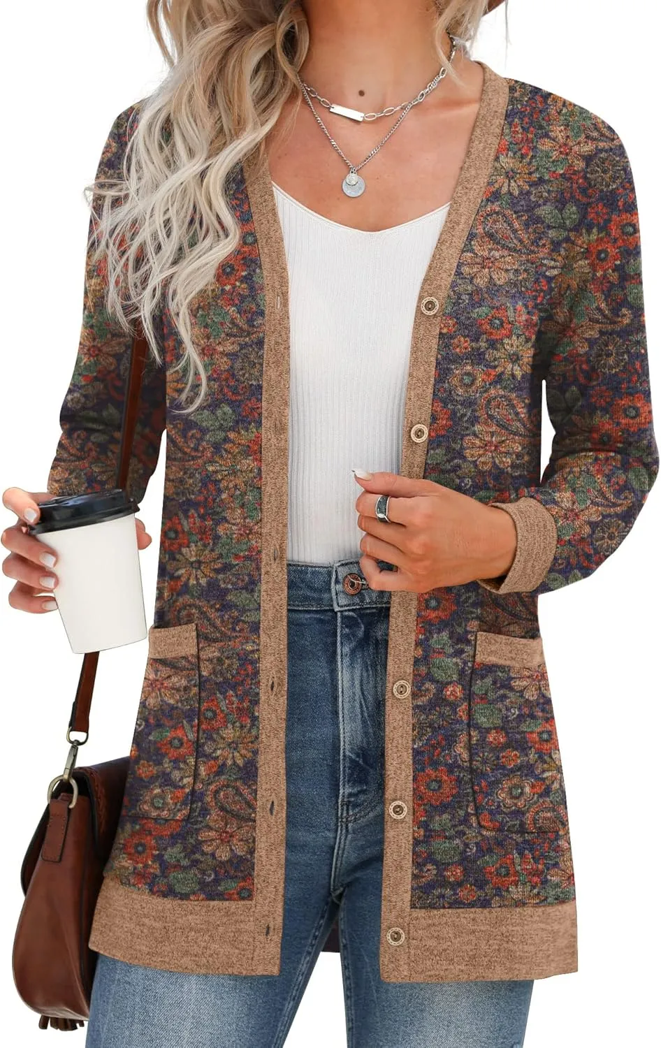 GRECERELLE Women's Long Sleeve Open Front Cardigan Button Down Ribbed Lightweight Knit Outerwear with Pocket