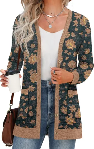 GRECERELLE Women's Long Sleeve Open Front Cardigan Button Down Ribbed Lightweight Knit Outerwear with Pocket