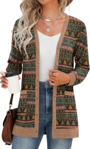 GRECERELLE Women's Long Sleeve Open Front Cardigan Button Down Ribbed Lightweight Knit Outerwear with Pocket