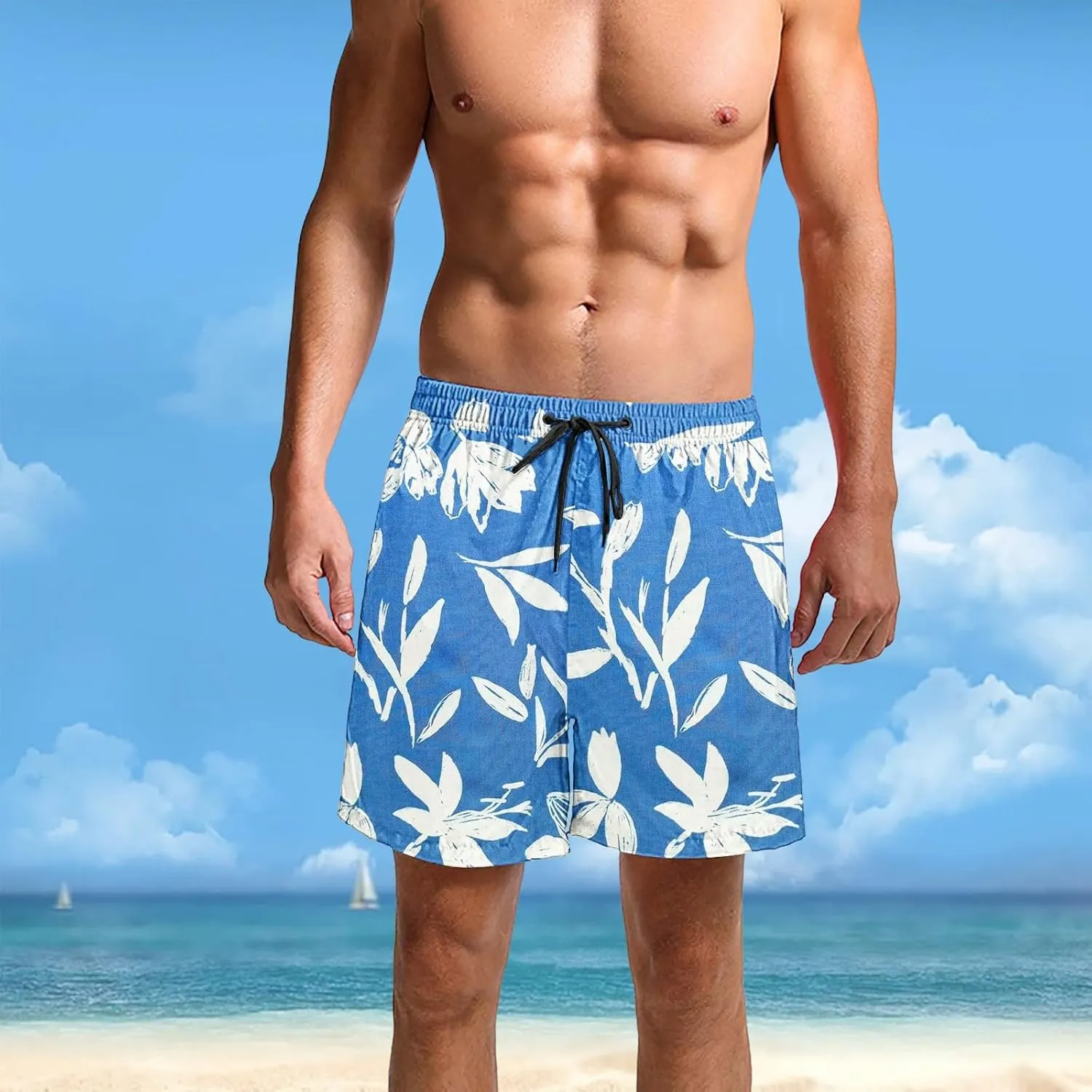 Hawaii Shorts for Men Fashion Printed Elastic Waist Drawstring Lounge Pant Loose Fit Lightweight Beach Surfing Shorts
