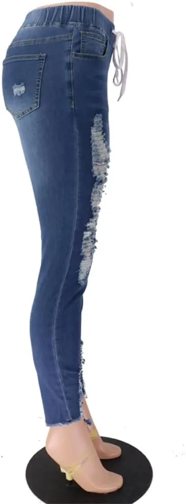 High Waisted High Waisted Elastic Waist Jean Joggers for Women Stretch Loose Denim Pants with Drawstring