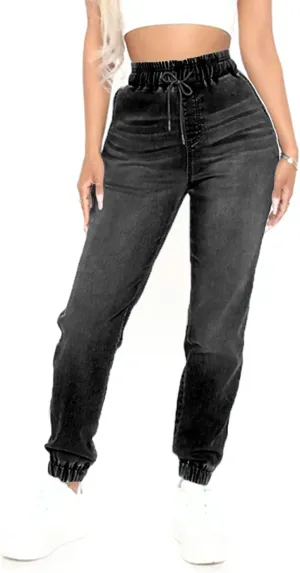 High Waisted High Waisted Elastic Waist Jean Joggers for Women Stretch Loose Denim Pants with Drawstring