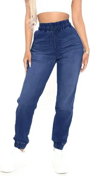 High Waisted High Waisted Elastic Waist Jean Joggers for Women Stretch Loose Denim Pants with Drawstring