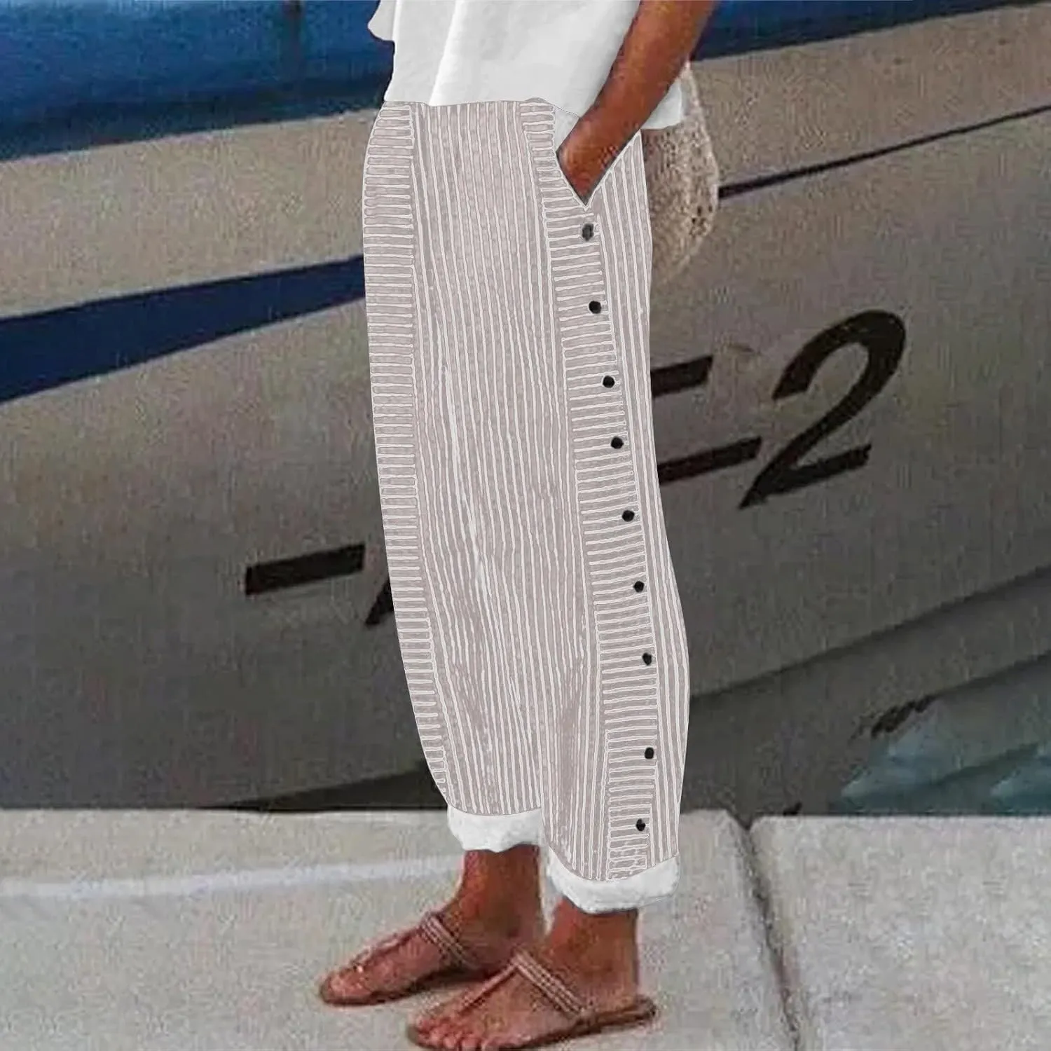 High Waisted Womens Linen Pants Summer High Waisted Wide Leg Casual Loose Palazzo Pants Lounge Beach Trousers with Pockets