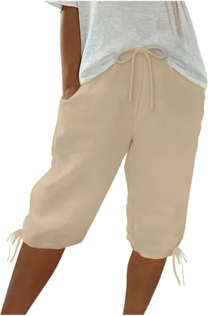 hlysgo Bermuda Shorts for Women High Waisted Drawstring Cotton Linen Casual Shorts Summer Knee Length Shorts with Pockets