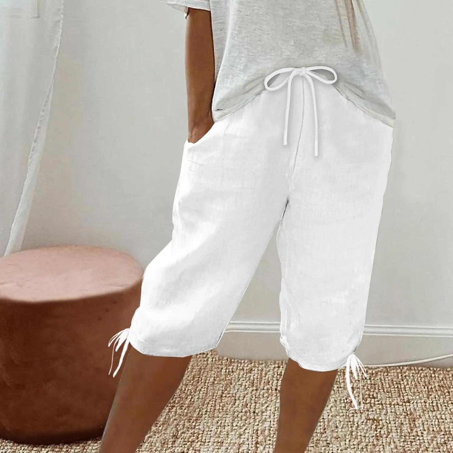hlysgo Bermuda Shorts for Women High Waisted Drawstring Cotton Linen Casual Shorts Summer Knee Length Shorts with Pockets